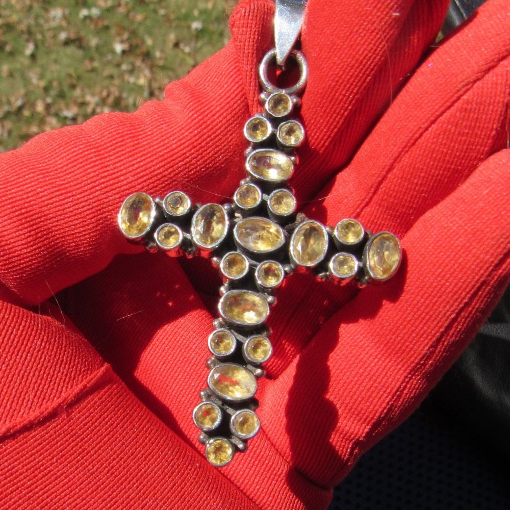 Lovely Large Citrine Sterling Silver Cross Pendant